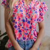 Women's Rose Red Abstract Print Ruffled Sleeve V Neck Blouse - Artistic Charm - Image 7