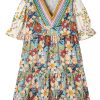 Women's Multicolour Boho Floral Print Crochet Patchwork V Neck Loose Mini Dress - Image 20