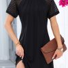 Chic Black Contrast Lace Raglan Sleeve Pleated Shift Dress - Image 4