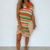 Chic Women's Yellow Stripe Eyelet Sleeveless Buttoned Split Neck Sweater Dress - Image 7