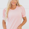 Women's Pink Stripe Textured Puff Sleeve Crewneck Top - Casual Chic - Image 7