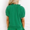 Chic Women's Sea Green Half Zip Puff Sleeve Top and Ruffled Shorts Set - Image 2