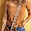 Women's Straw Yellow Ribbed Front Knot Buttoned Thin Strap Tank Top - Image 6