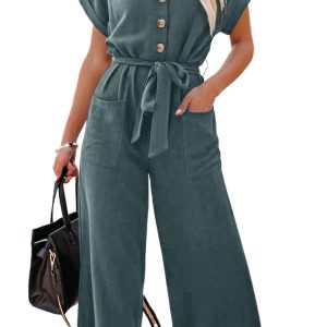 Women's Blue Dolman Sleeve Button Belted V Neck Wide Leg Jumpsuit with Pockets