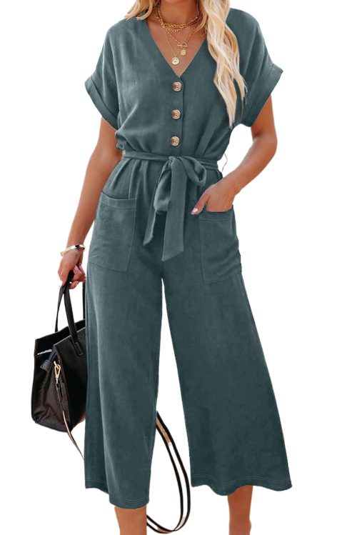 Women's Blue Dolman Sleeve Button Belted V Neck Wide Leg Jumpsuit with Pockets