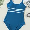 Women's Dark Blue Colorblock U Neck One Piece Swimwear with Contrast Trim - Image 9