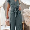 Women's Blue Dolman Sleeve Button Belted V Neck Wide Leg Jumpsuit with Pockets - Image 5