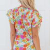 Women's Yellow Floral Print Shirred Blouse with Ruffled Tiered Sleeves - Image 2