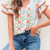 Women's Green Geometric Floral Print Layered Flutter Sleeve V Neck Blouse with Ric Rac Trim - Image 5