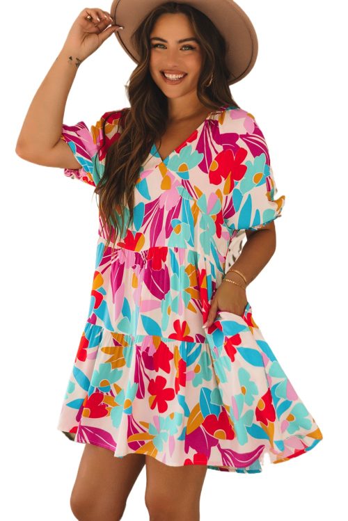 Women's Rose Red Floral Bubble Sleeve V Neck Tiered Ruffle Babydoll Dress for Summer Vacations
