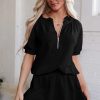 Chic Women's Black Half Zip Puff Sleeve Top and Ruffled Shorts Set - Image 7