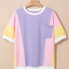 Women's Purple Color Block Oversized Half Sleeve T-Shirt with Pocket - Image 6
