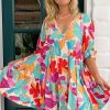 Women's Rose Red Floral Bubble Sleeve V Neck Tiered Ruffle Babydoll Dress for Summer Vacations - Image 13