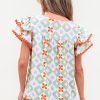 Women's Green Geometric Floral Print Layered Flutter Sleeve V Neck Blouse with Ric Rac Trim - Image 2