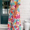 Women's Rose Red Floral Knot Puff Sleeve V Neck Buttoned Front Split Lace Maxi Dress - Image 13