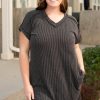 Plus Size Carbon Grey Corded V Neck T-Shirt Dress with Pockets for Women - Image 6