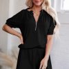 Chic Women's Black Half Zip Puff Sleeve Top and Ruffled Shorts Set - Image 5