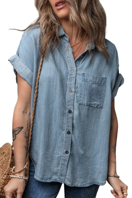 Women's Dusk Blue Folded Short Sleeve Denim Shirt with Patched Pocket