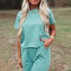 Women's Mint Green Raglan Short Sleeve Tee and High Waist Wide Leg Pants Set - Image 3