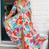 Women's Rose Red Floral Knot Puff Sleeve V Neck Buttoned Front Split Lace Maxi Dress - Image 14