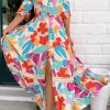 Women's Rose Red Floral Knot Puff Sleeve V Neck Buttoned Front Split Lace Maxi Dress - Image 9