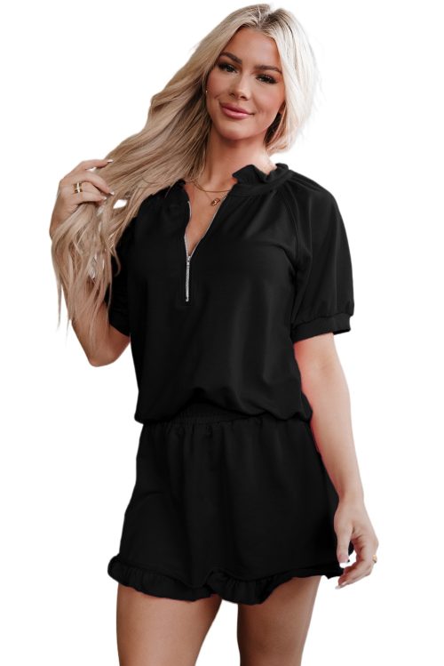 Chic Women's Black Half Zip Puff Sleeve Top and Ruffled Shorts Set