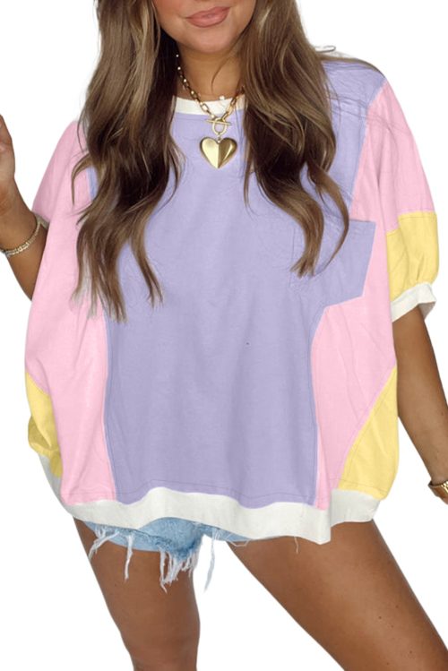Women's Purple Color Block Oversized Half Sleeve T-Shirt with Pocket