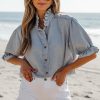 Women's Beau Blue Ruffle Short Puff Sleeve Chambray Shirt - Vintage Style - Image 4