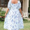 Plus Size Sky Blue Floral Print Sweetheart Neck Midi Dress for Women - Image 2