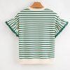 Women's Green Stripe Ruffle Short Sleeves Crewneck Top with Scallop Lace Trim - Image 7