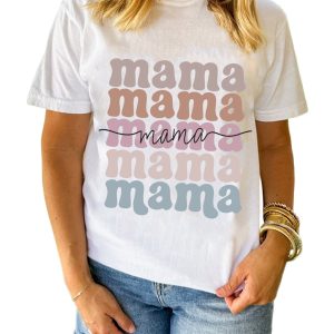 Women's White Mama Lettering Printed Crew Neck Tee - Casual Graphic T-Shirt