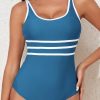 Women's Dark Blue Colorblock U Neck One Piece Swimwear with Contrast Trim - Image 8