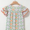 Women's Green Geometric Floral Print Layered Flutter Sleeve V Neck Blouse with Ric Rac Trim - Image 9