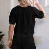 Chic Women's Black Half Zip Puff Sleeve Top and Ruffled Shorts Set - Image 2
