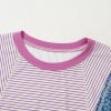 Women's Purple Stripe Floral Color Block Raw Edge Patchwork Blouse with Bracelet Sleeves - Image 6