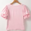 Women's Light Pink Scoop Neck Bubble Sleeve Tee - Trendy Casual Top - Image 7