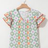 Women's Green Geometric Floral Print Layered Flutter Sleeve V Neck Blouse with Ric Rac Trim - Image 8
