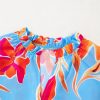 Women's Sky Blue Floral Print V Neck Blouse with Pompom Trim and Flutter Sleeves - Image 4