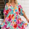 Women's Rose Red Floral Bubble Sleeve V Neck Tiered Ruffle Babydoll Dress for Summer Vacations - Image 12