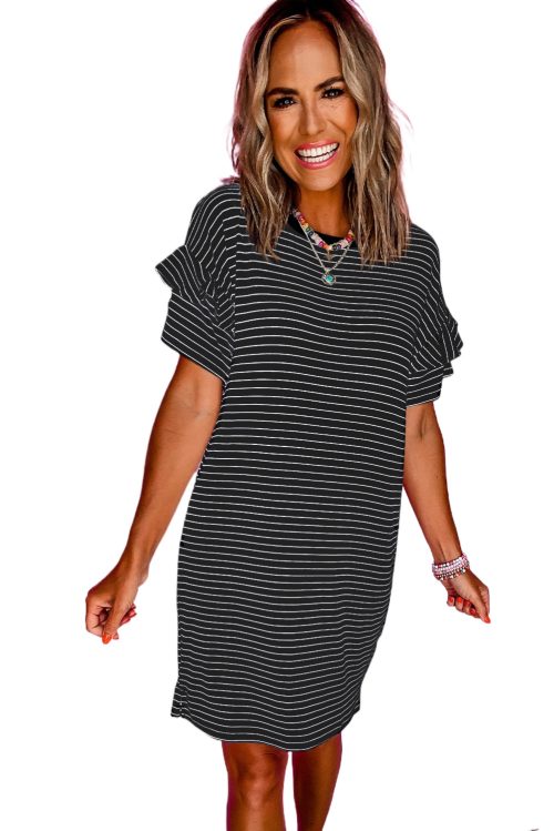 Women's Black Stripe Ruffled Short Sleeve Crew Neck T-Shirt Mini Dress