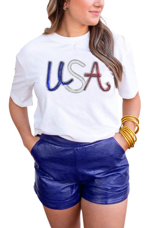 Women's White Sequin USA Graphic Crew Neck Tee - Patriotic Summer Top