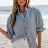 Women's Beau Blue Ruffle Short Puff Sleeve Chambray Shirt - Vintage Style - Image 3