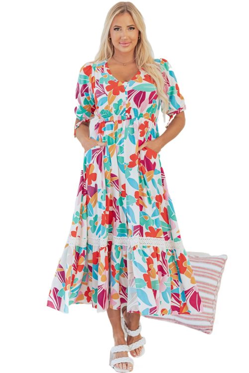 Women's Rose Red Floral Knot Puff Sleeve V Neck Buttoned Front Split Lace Maxi Dress
