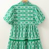 Women's Bright Green Abstract Patterned V Neck Mini Dress with Puff Short Sleeves - Image 7