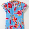 Women's Sky Blue Floral Print V Neck Blouse with Pompom Trim and Flutter Sleeves - Image 2
