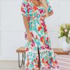 Women's Rose Red Floral Knot Puff Sleeve V Neck Buttoned Front Split Lace Maxi Dress - Image 3
