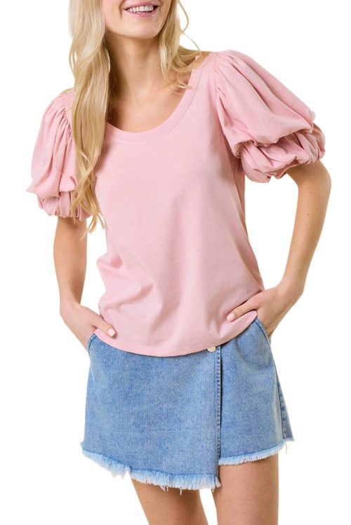 Women's Light Pink Scoop Neck Bubble Sleeve Tee - Trendy Casual Top