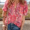 Chic Women's Red Floral Print Ruffled Puff Short Sleeve Blouse - Image 5