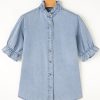 Women's Beau Blue Ruffle Short Puff Sleeve Chambray Shirt - Vintage Style - Image 10
