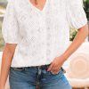 Women's Elegant White Lace Puff Sleeve V Neck Button Up Blouse - Image 7